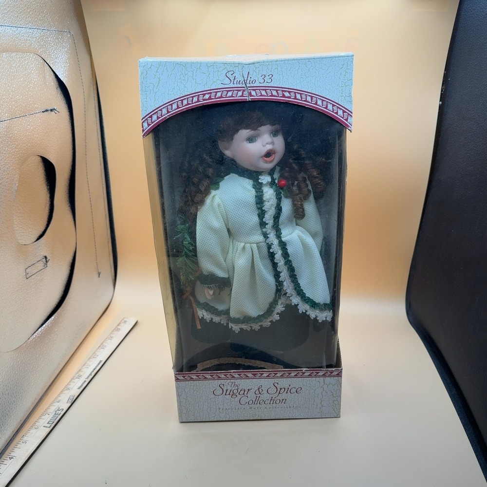 Studio 33 Sugar Spice Porcelain Doll Christmas Holiday Girl with Tree